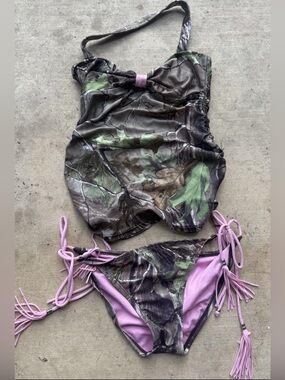 Realtree Camo Pink Tankini Bikini Swimsuit Set Women’s M/L Y2K Tassel Tie READ